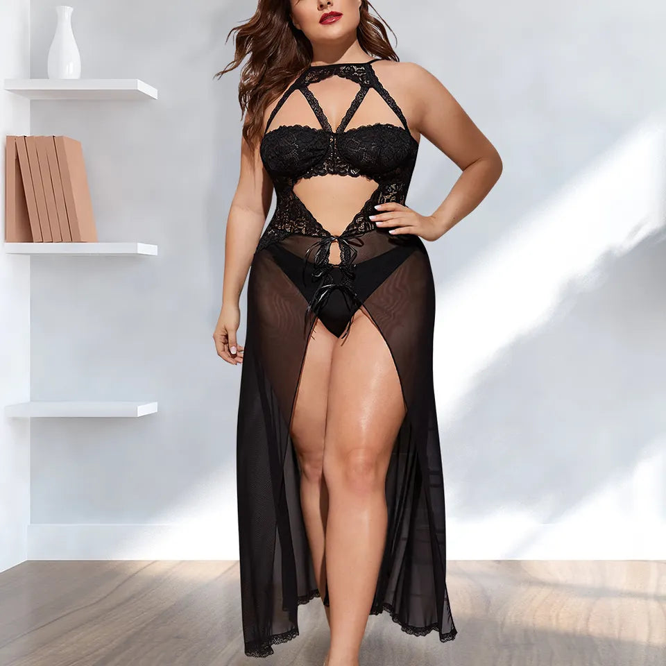 Women Plus Size Sexy Lingerie Long Mesh